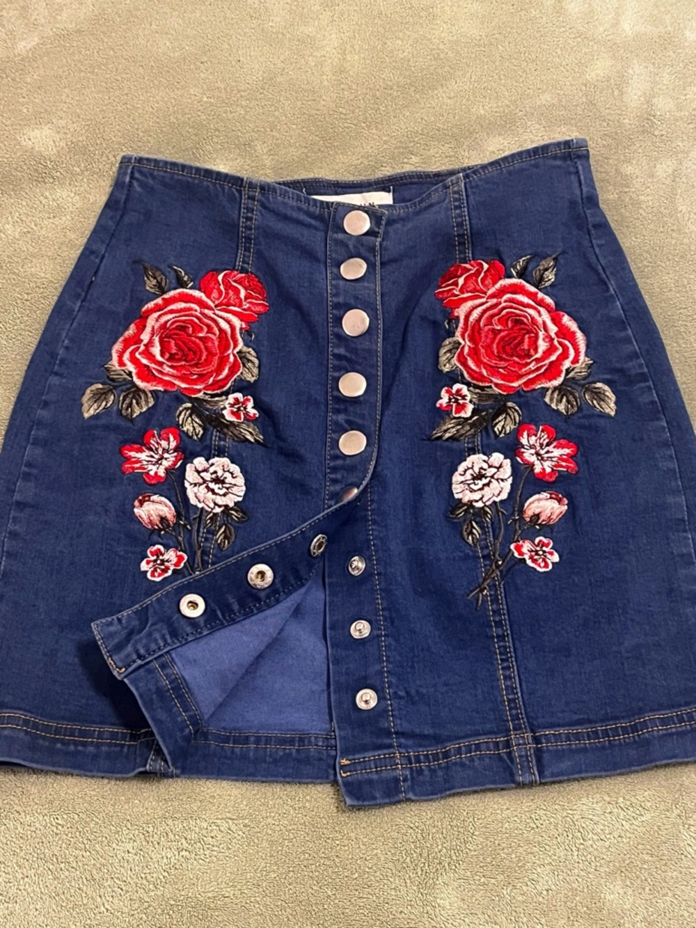 PacSun Dark Blue Denim Mini Skirt with Red Rose Embroidery